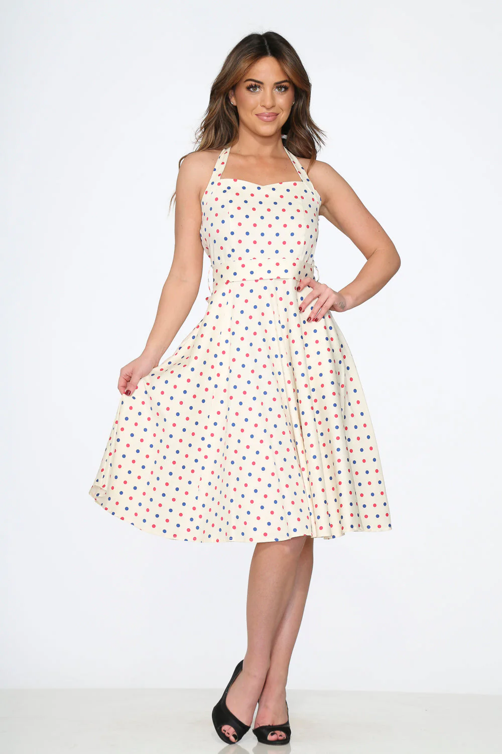 White Candy Dot Halter Swing Dress - Olabens