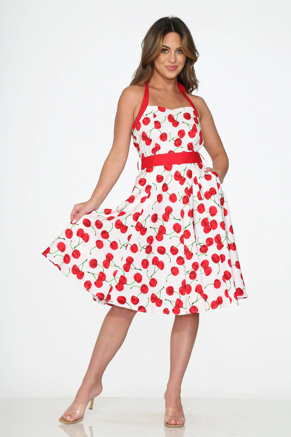 White Red Cherry Halter Swing Dress - Olabens