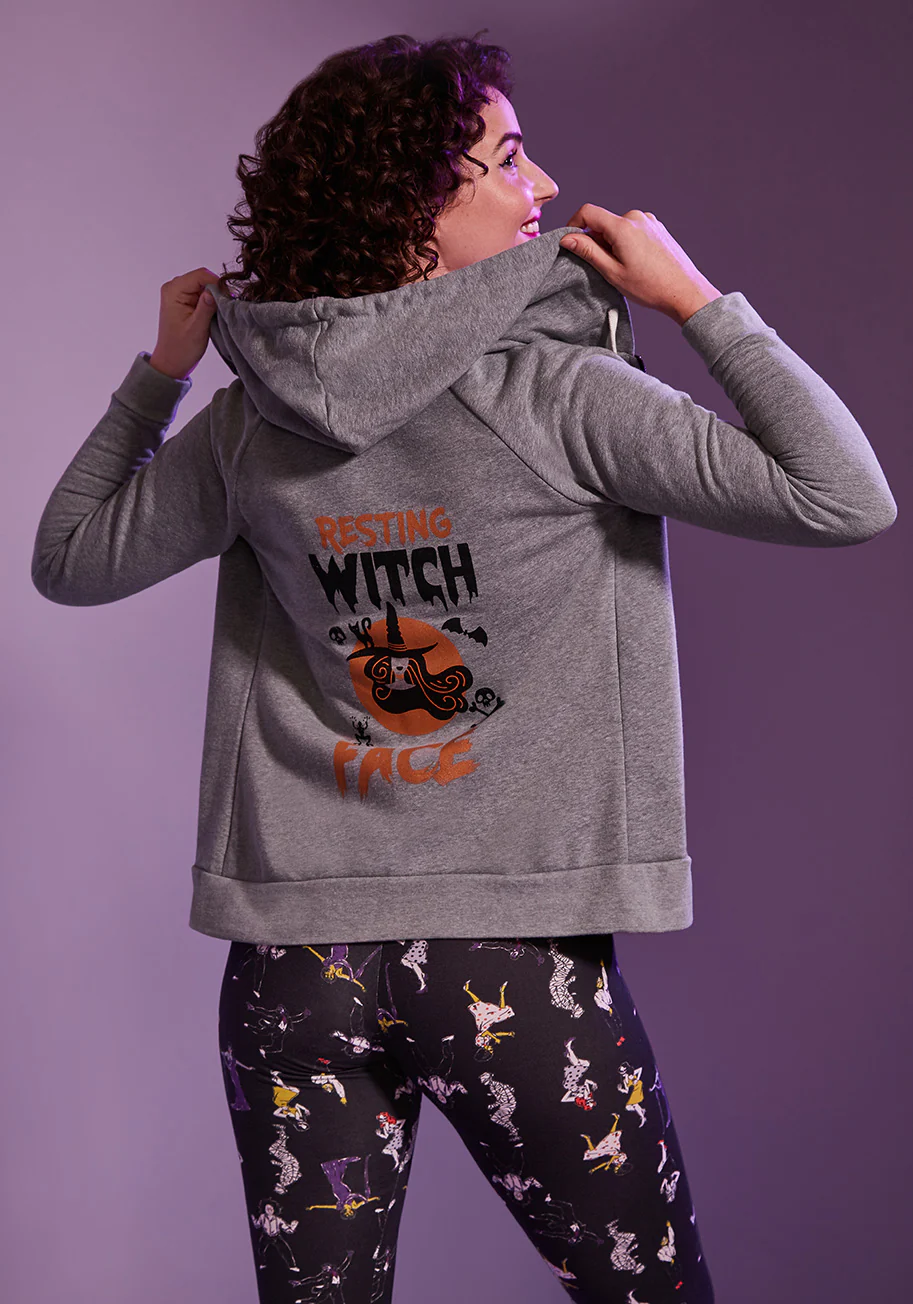 Resting Witch Face Graphic Zip-Up Hoodie - Olabens