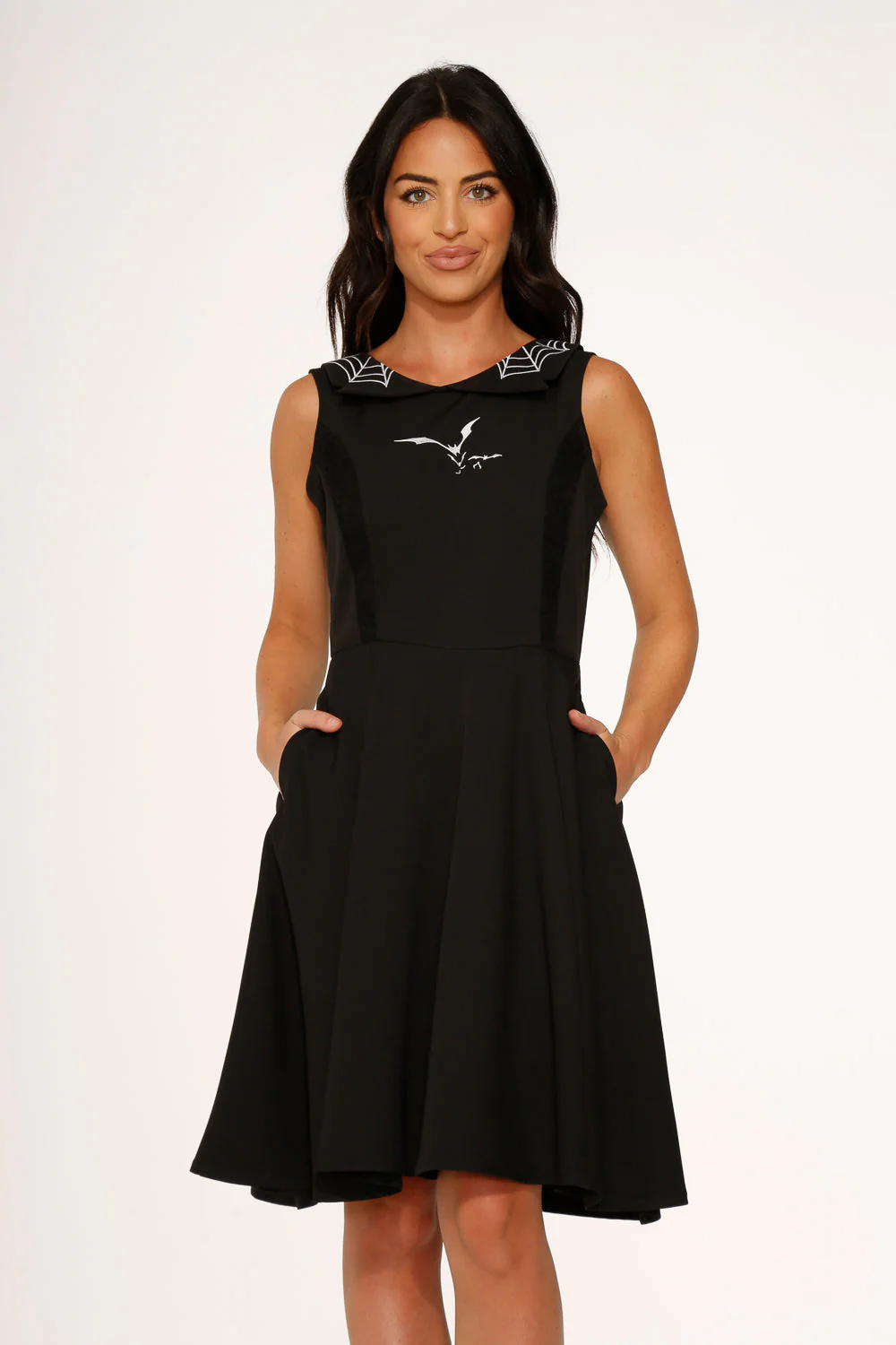 Black Bat Embroidered Swing Dress - Olabens