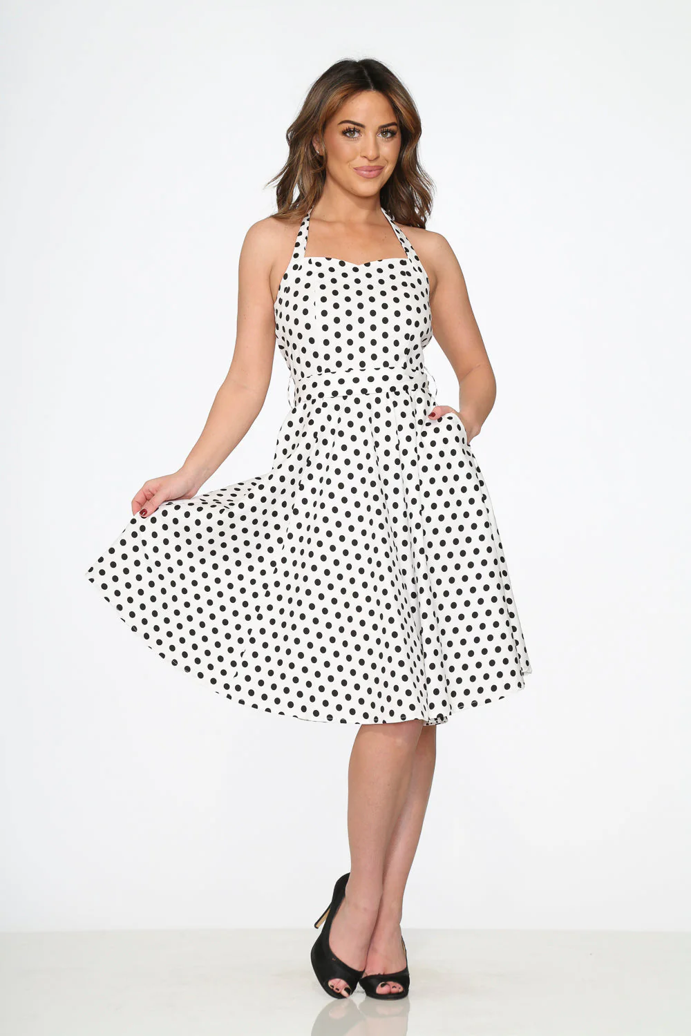 White & Black Polka Dot Halter Dress - Olabens