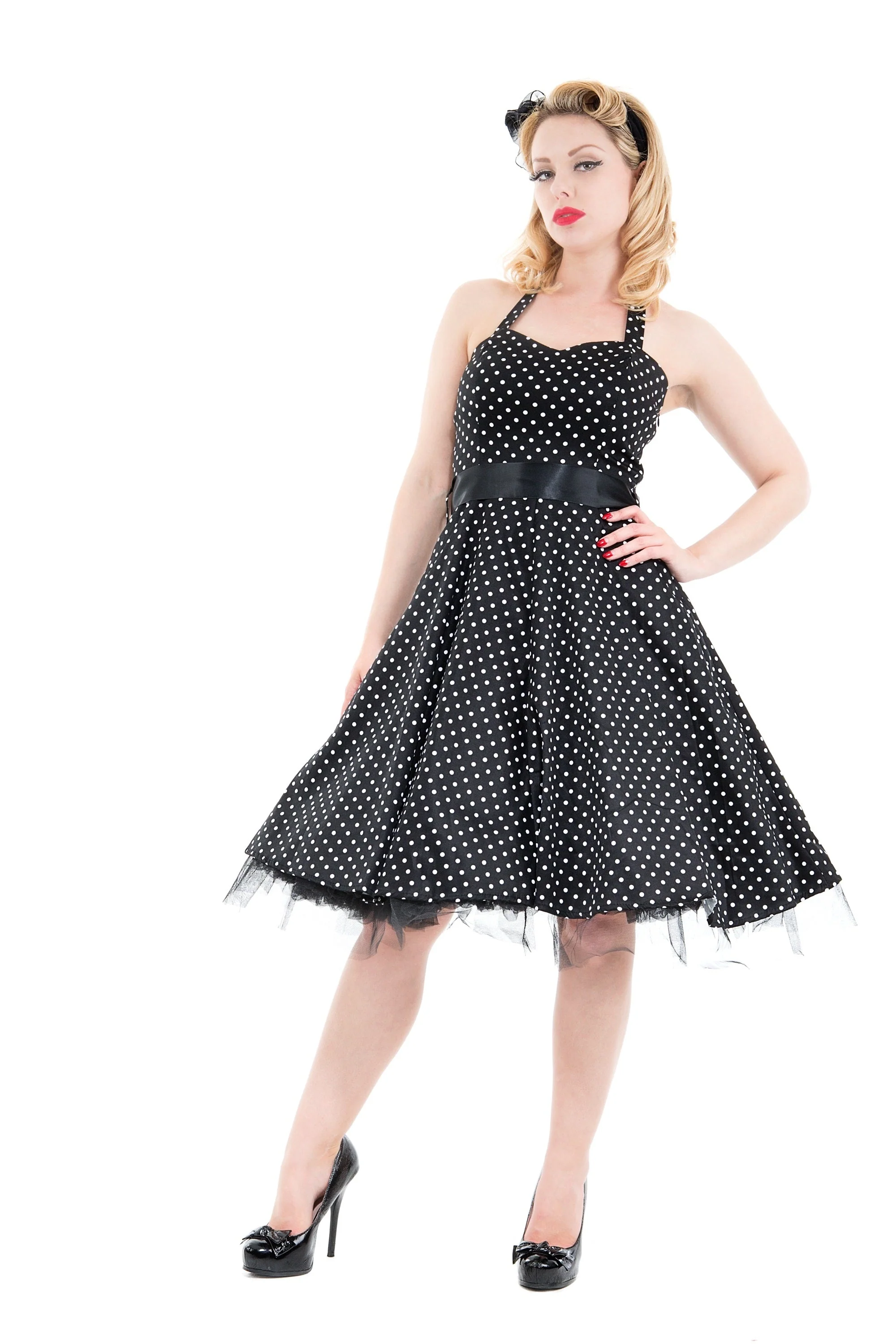 Black & White Small Polka Dot Halter Dress - Olabens