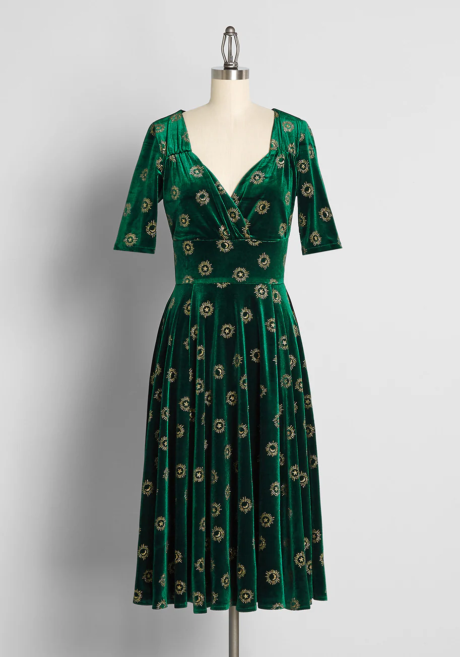 Bursts of Golden Light Velvet Midi Dress - Olabens