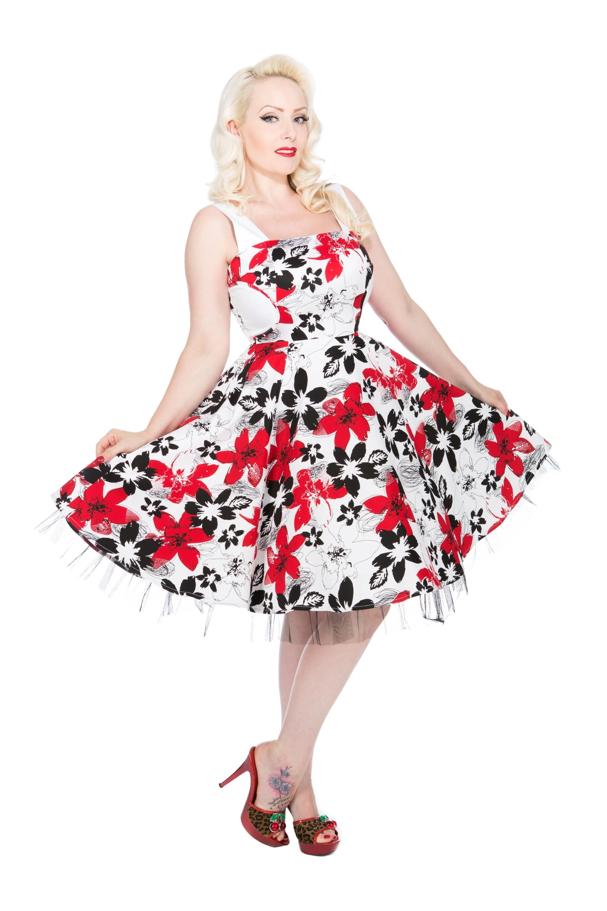 White & Red Floral Swing Dress - Olabens