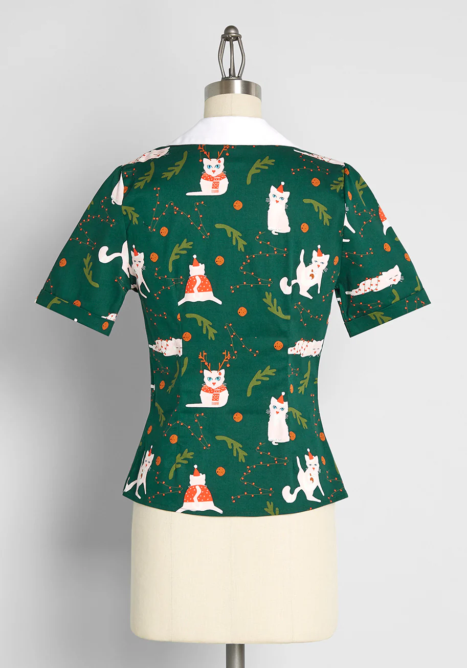 Felines Feeling Festive Button-Up Blouse - Olabens
