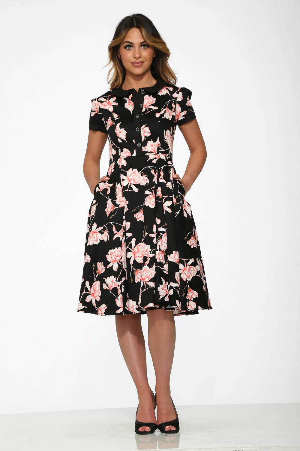 Black & Pink Floral Swing Dress - Olabens