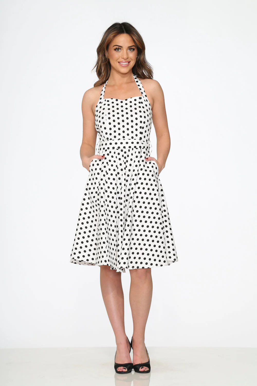 White & Black Polka Dot Halter Dress - Olabens