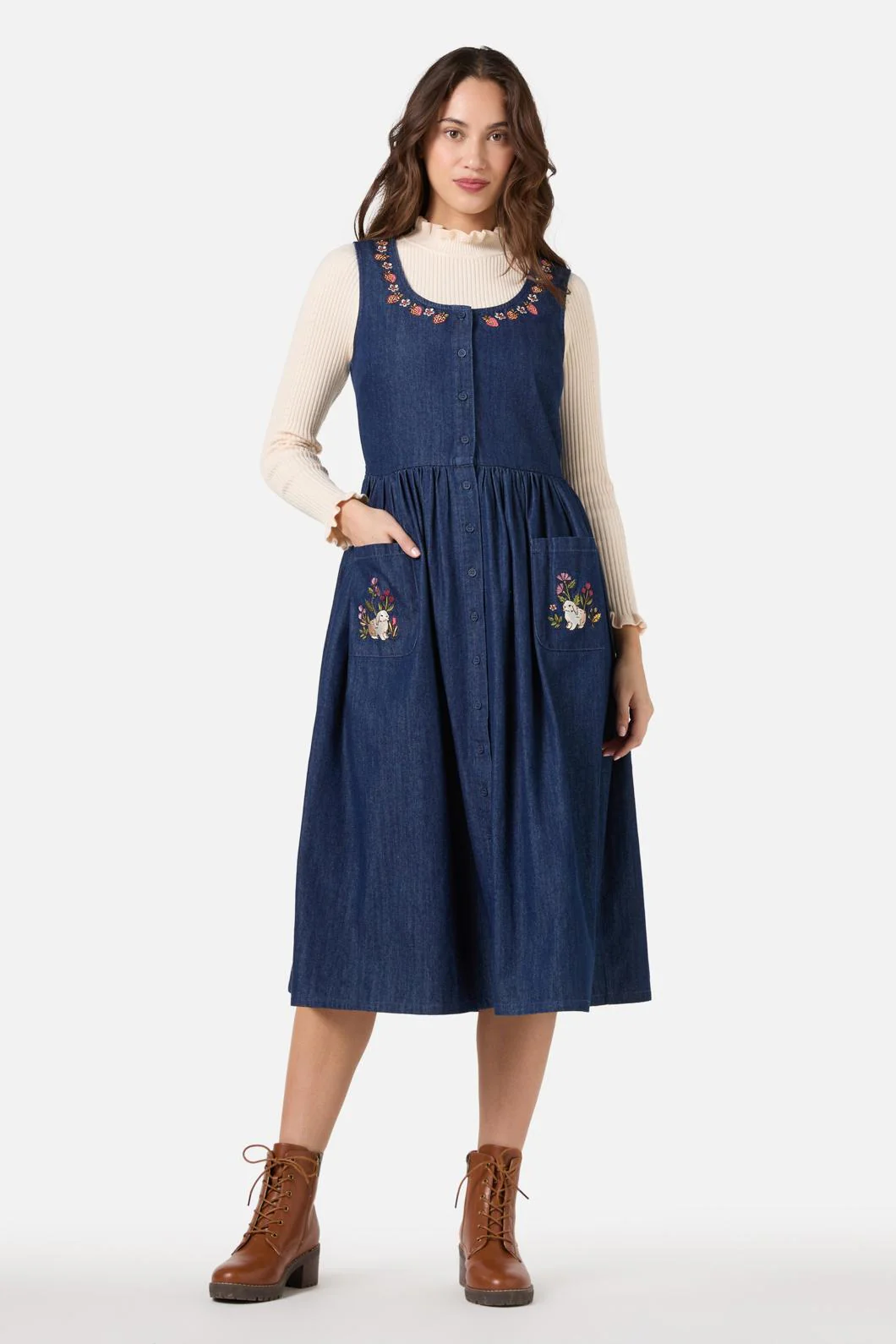 Rabbit Embroidered Denim Dress - Olabens