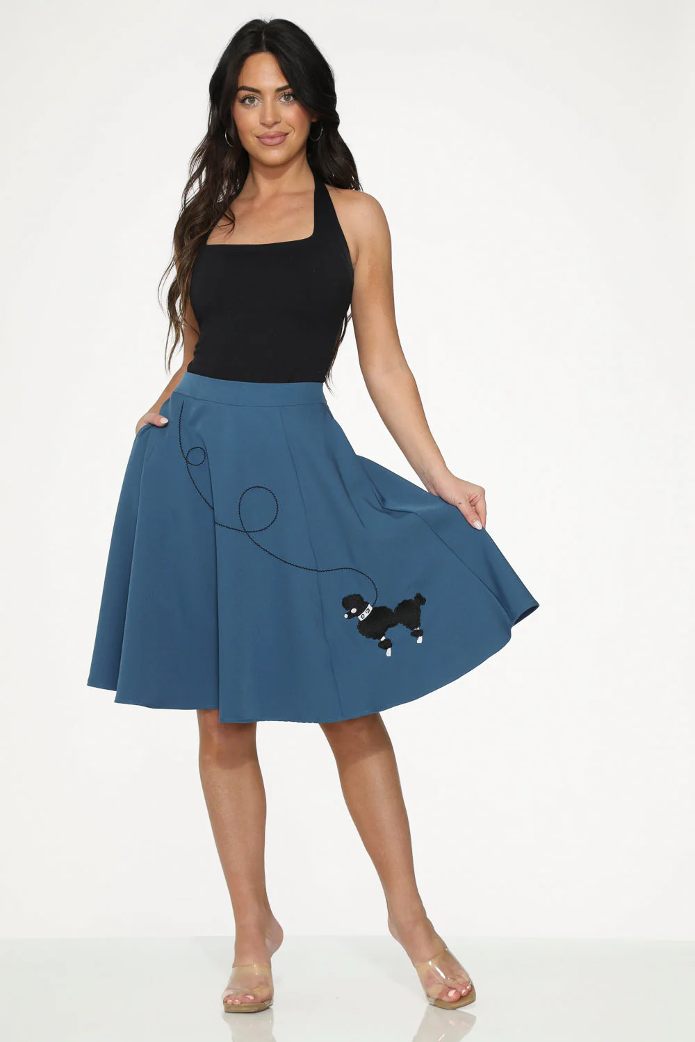 Blue Embroidered Poodle Swing Skirt - Olabens