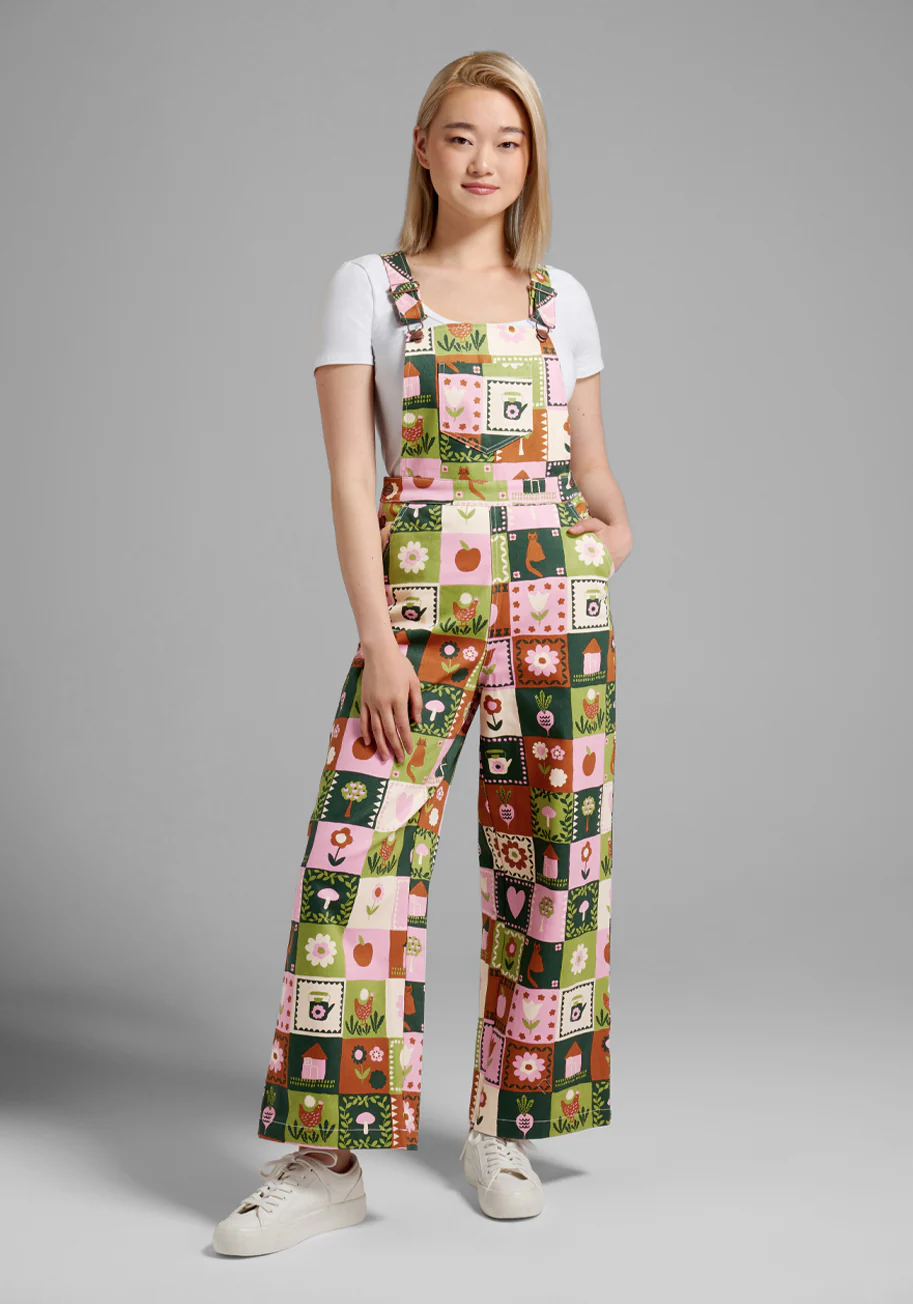 Playful Prairie Patchwork Wide-Leg Overalls - Olabens
