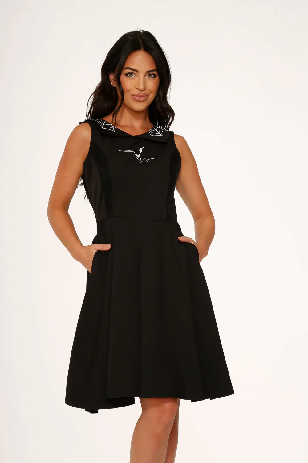 Black Bat Embroidered Swing Dress - Olabens