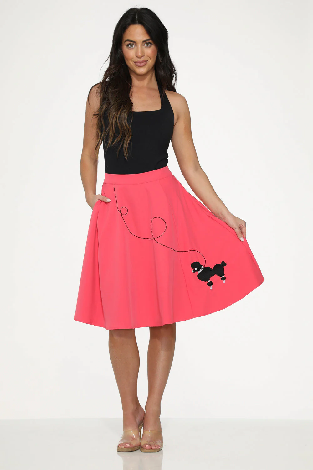 Hot Pink Black Embroidered Poodle Swing Skirt - Olabens