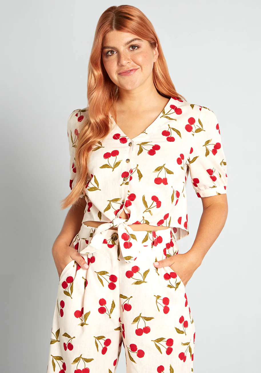 Cheerful Cherries Tie-Front Blouse - Olabens