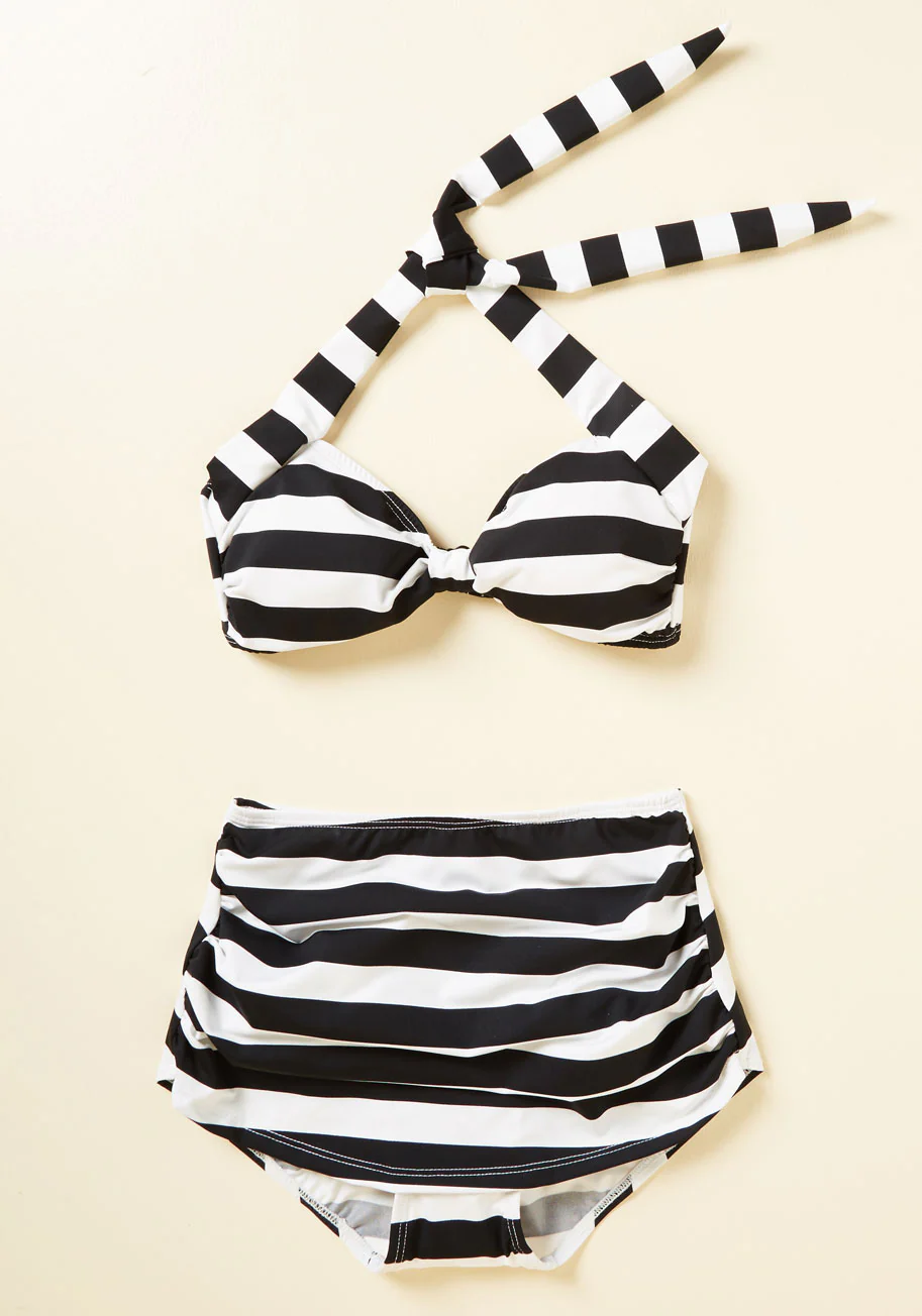 Bathing Beauty High-Waisted Bikini Bottom in Black Stripes - Olabens