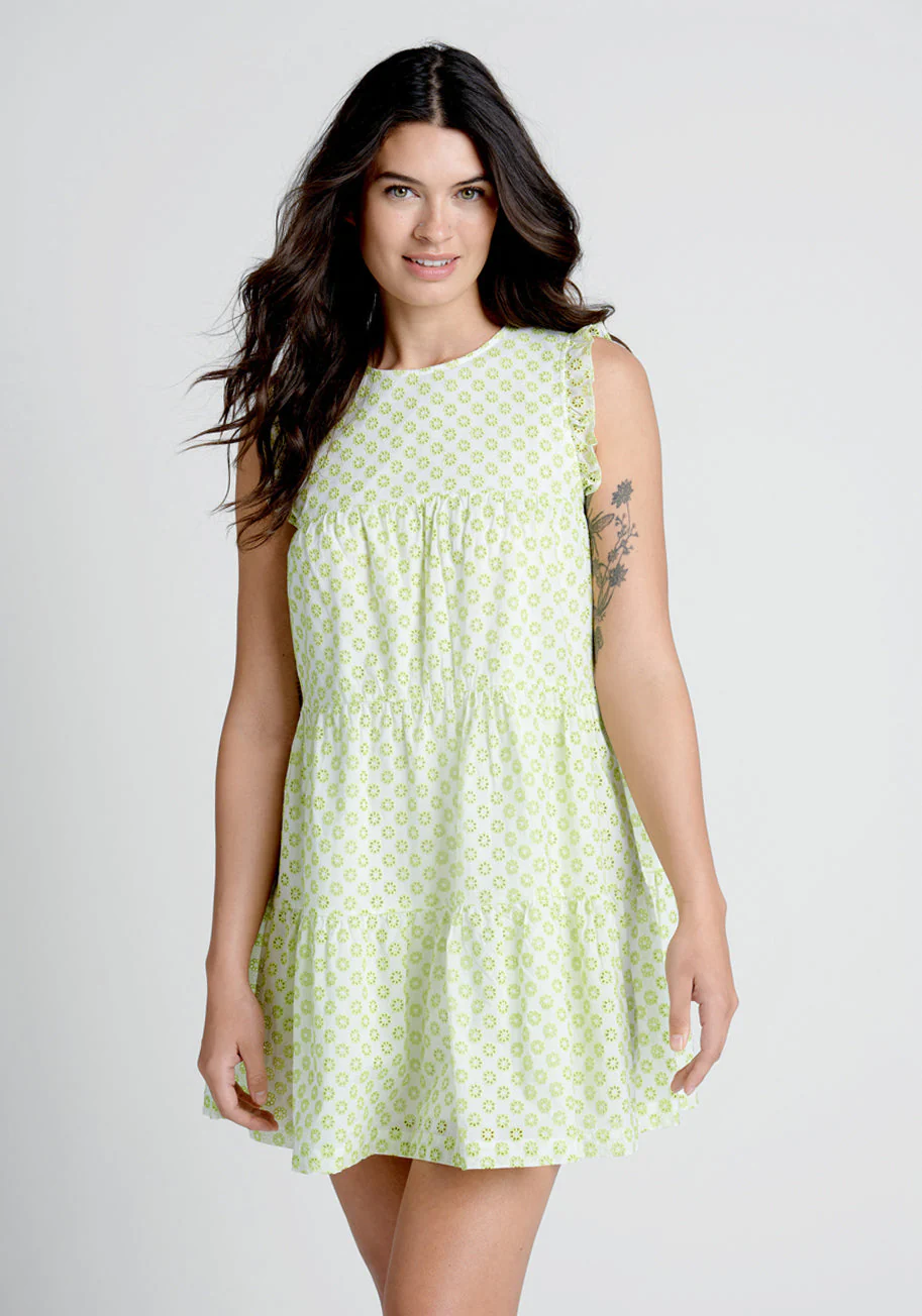 Day Tripping in Eyelet Flower Fields Trapeze Dress - Olabens