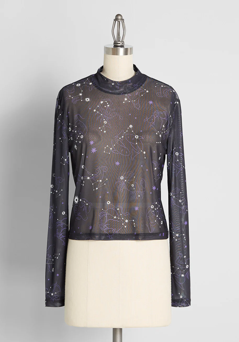 Zest Of The Zodiac Mesh Mock Neck Top - Olabens