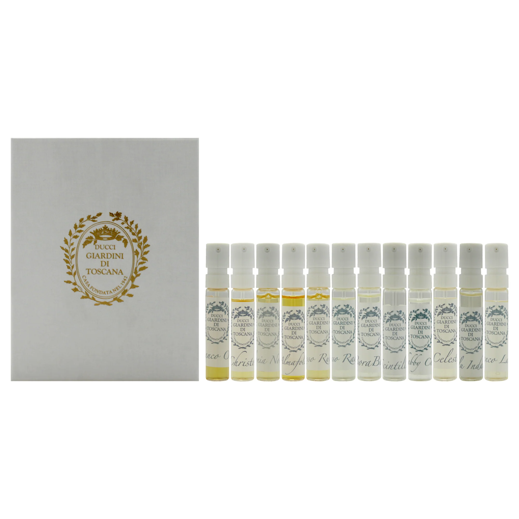 Giardini Di Toscana Discovery Set by Giardini Di Toscana for Unisex - 12 Pc Mini Gift Set 0.06oz Almafolia EDP Spray, 0.06oz Bianco Latte EDP Spray, 0.06oz Bianco Oro EDP Spray, 0.06oz Blu Indaco EDP Spray, 0.06oz Borabora EDP Spray, 0.06oz Celeste E - Olabens