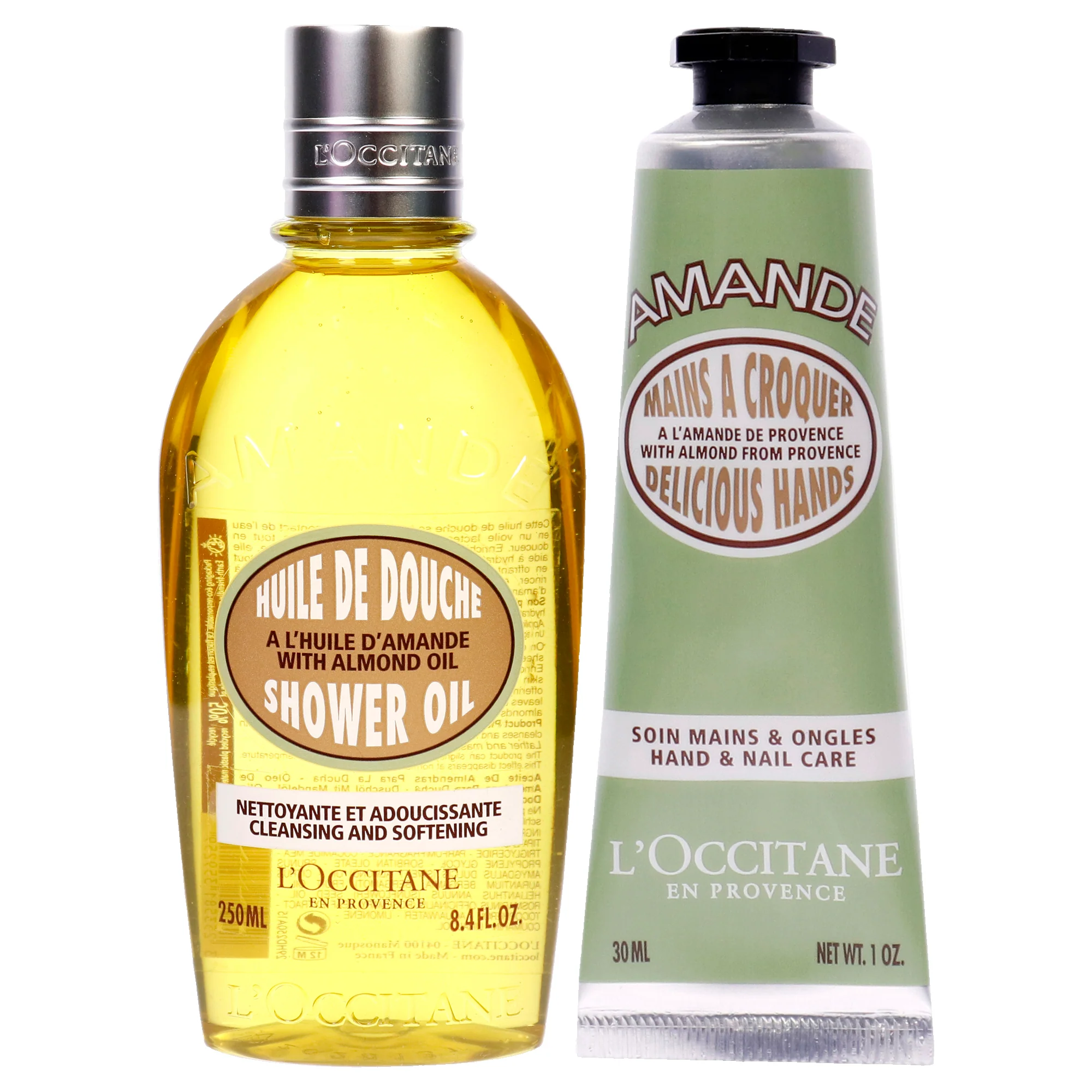 Almond Cleansing and Softening Shower Oil and Hand Cream Kit by LOccitane for Unisex - 2 Pc Kit 8.4oz Shower Oil, 1oz Cream - Olabens