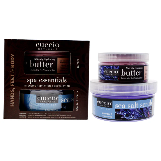 Cuccio Spa Essentials Kit - Lavender and Chamomile by Cuccio for Women - 2 Pc 19.5oz Sea Salt Scrub, 8oz Butter Blend - Olabens