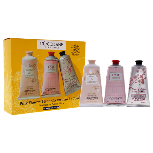 Pink Flowers Hand Cream Trio by LOccitane for Unisex - 3 x 2.6 oz Neroli and Orchidee Hand Cream, Rose Hand Cream, Cherry Blossom Hand Cream - Olabens
