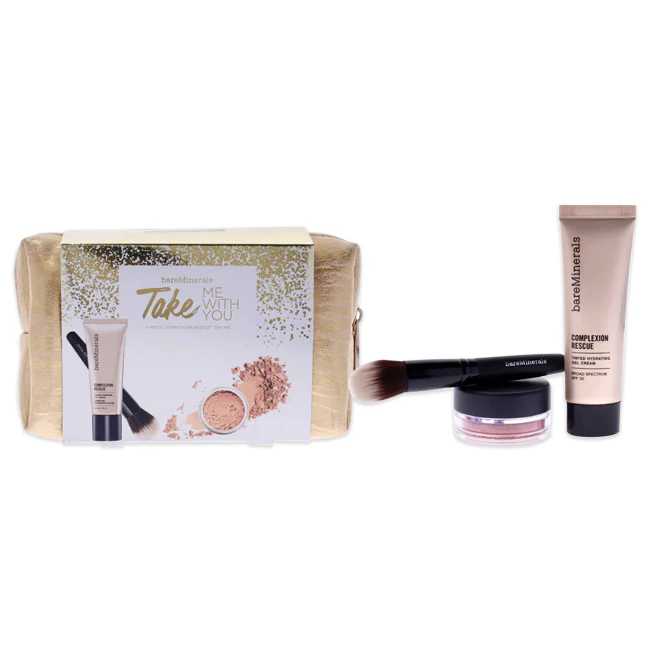 bareMinerals Take Me With You Set - 09 Chestnut by bareMinerals for Women - 4 Pc Set 0.03oz Blush - Golden Gate, 0.68oz Complexion Rescue Tinted Hydrating Gel Cream SPF 30 - 09 Chestnut, Mini Smoothing Face Brush, Makeup Bag - Olabens