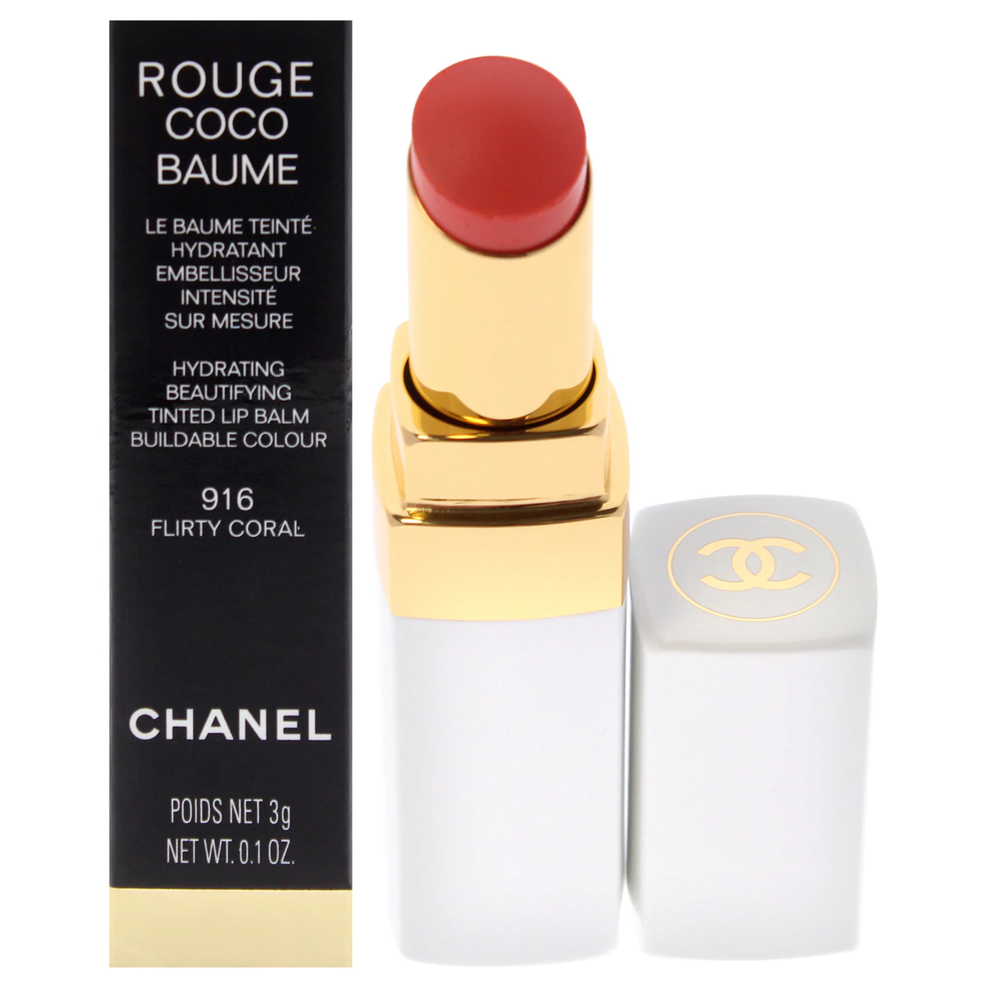 Chanel Rouge Coco Baume Hydrating Beautifying Tinted - 916 Flirty Coral by Chanel for Women - 0.11 oz Lip Balm - Olabens