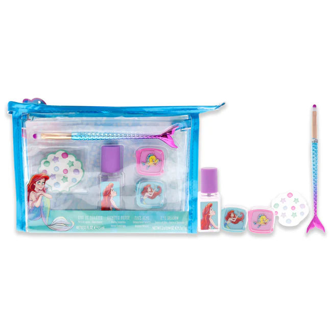 Disney Disney Ariel by Disney for Kids - 6 Pc Gift Set 0.5oz EDT Spray, 2 x 0.04oz Eye Shadow, Face Gems, Cosmetic Brush, Bag - Olabens