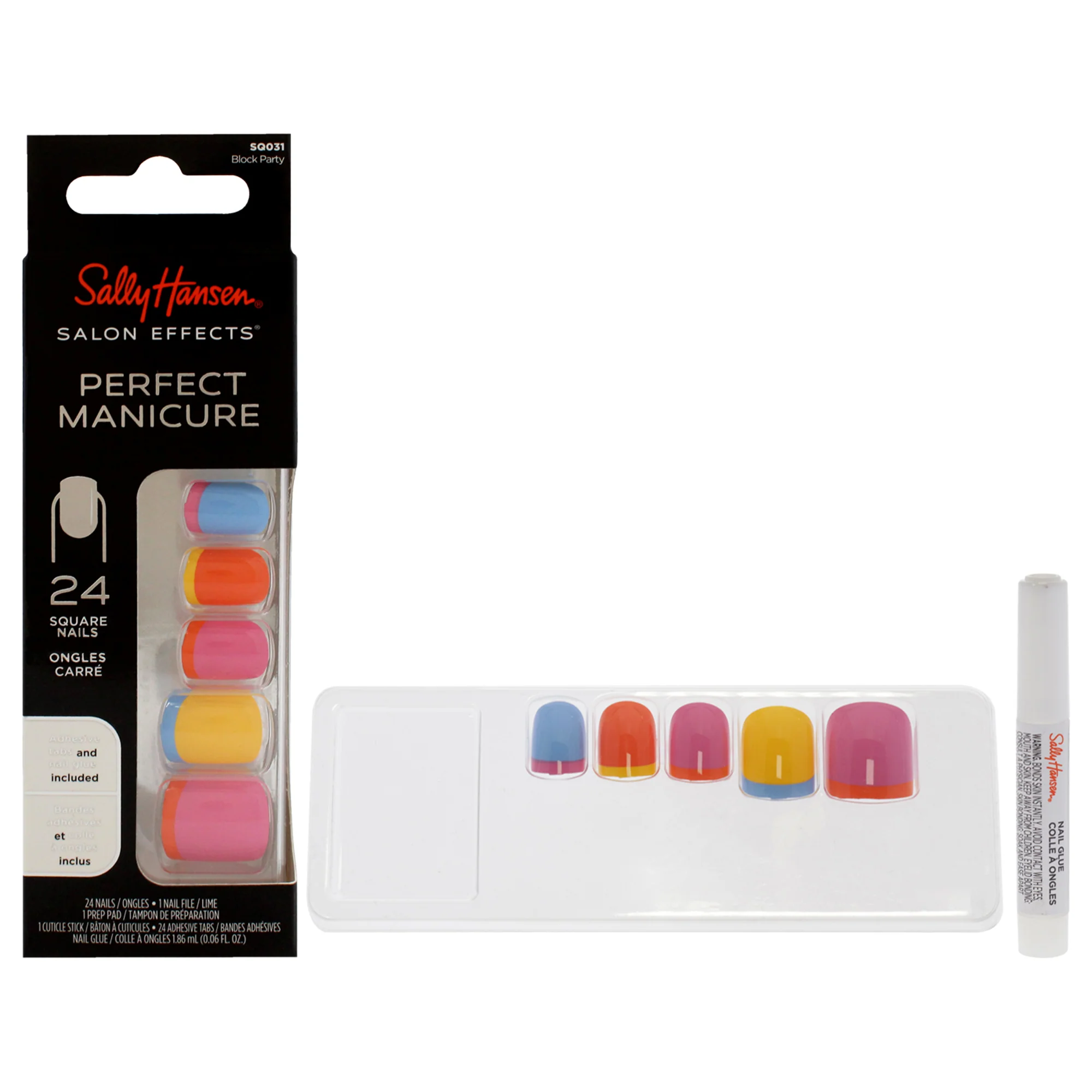 Salon Effects Perfect Manicure Square Nails - SQ031 Block Party by Sally Hansen for Women - 52 Pc 24 Nails, 24 Adhesive Tabs, Nail File, Pre Pad, Cuticle Stick, 0.06oz Nail Glue - Olabens