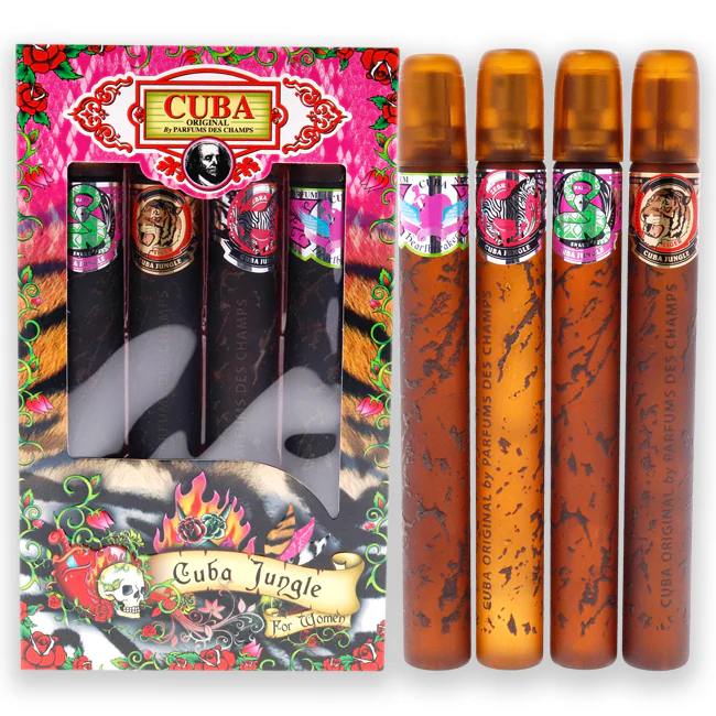 Cuba Jungle by Cuba for Women - 4 Pc Gift Set 1.17oz Cuba Snake EDP Spray, 1.17oz Cuba Tiger EDP Spray, 1.17oz Cuba Zebra EDP Spray, 1.17oz Cuba Heartbreak EDP Spray - Olabens