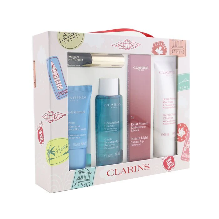 Clarins With Love From Suitcase Set (1x Eclat Minute Instant Light Natural Lip Perfector 01, 1x Gentle Foaming Cleanser, 1x Gentle Eye Makeup Remover, 1x Cream, 1x Supra Volume Mascara) 5pcs - Olabens
