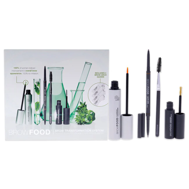 LashFood BrowFood Brow Transformation System by LashFood for Women - 5 Pc Kit 0.17oz Phyto-Medic Eyebrow Enhancer, 0.17oz Ultra Fine Brow Pencil Duo Brunette - Medium-Dark 0.13oz Clear Enhancing GelFix, Eco Brow Brush, 4 Brow Arch Guides - Olabens
