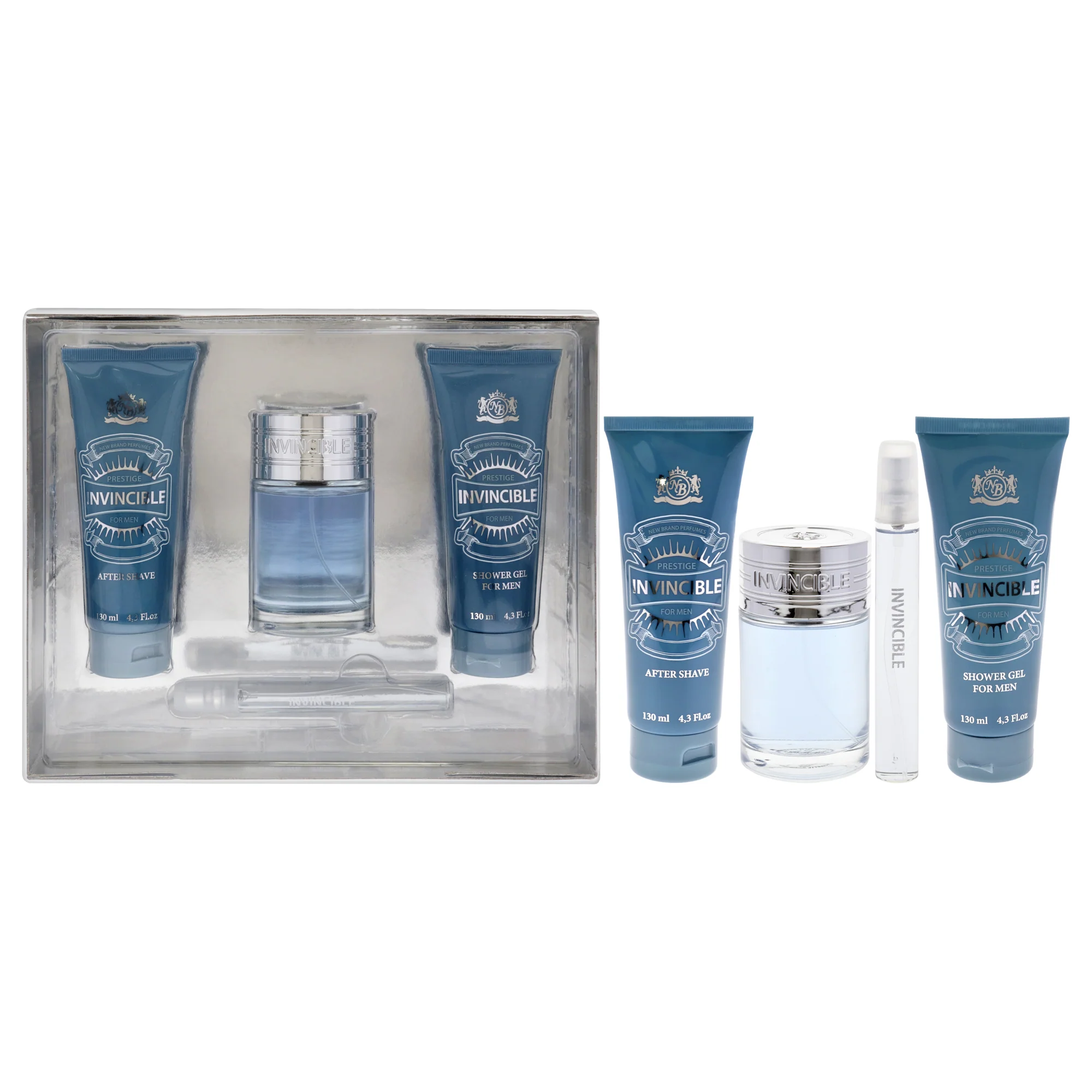 Invincible by New Brand for Men - 4 Pc Gift Set 3.3oz EDT Spray, 0.5oz EDT Spray, 4.3oz After Shave, 4.3oz Shower Gel - Olabens