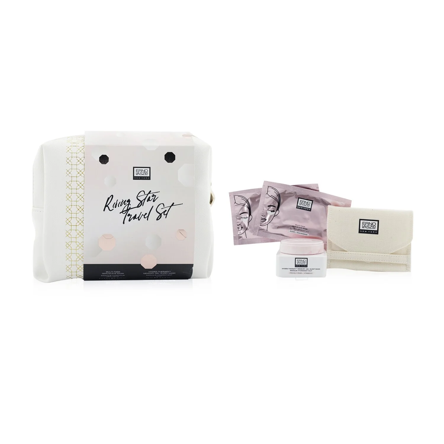 Erno Laszlo Rising Star Travel Set: Hydra-Therapy Memory Gel Sleep Mask 15ml+ 2x Multi-Task Serum Eye Mask 2 patches+ Gua Sha Tool+ Bag  4pcs+1bag - Olabens