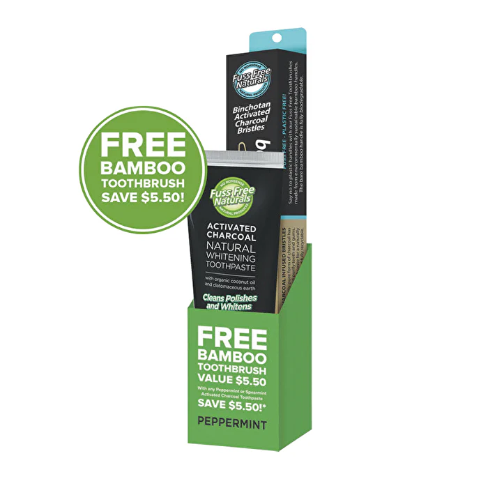 Seven Wonders Essenzza Fuss Free Naturals Activated Charcoal Toothpaste Peppermint BONUS Bamboo Toothbrush 113g - Olabens