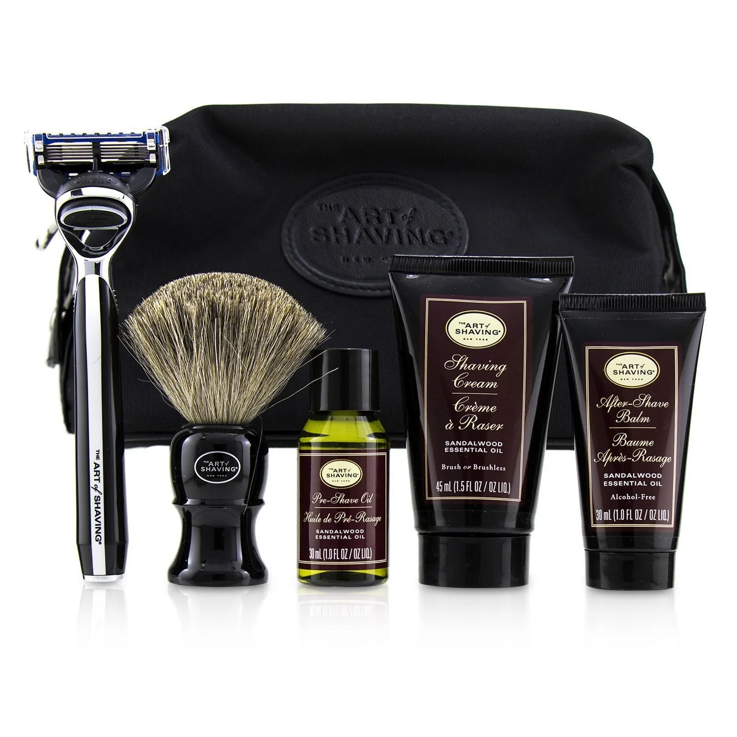 The Art Of Shaving The Four Elements of The Perfect Shave Set with Bag - Sandalwood: Pre Shave Oil + Shave Crm + A/S Balm + Brush + Razor  5pcs+1Bag - Olabens