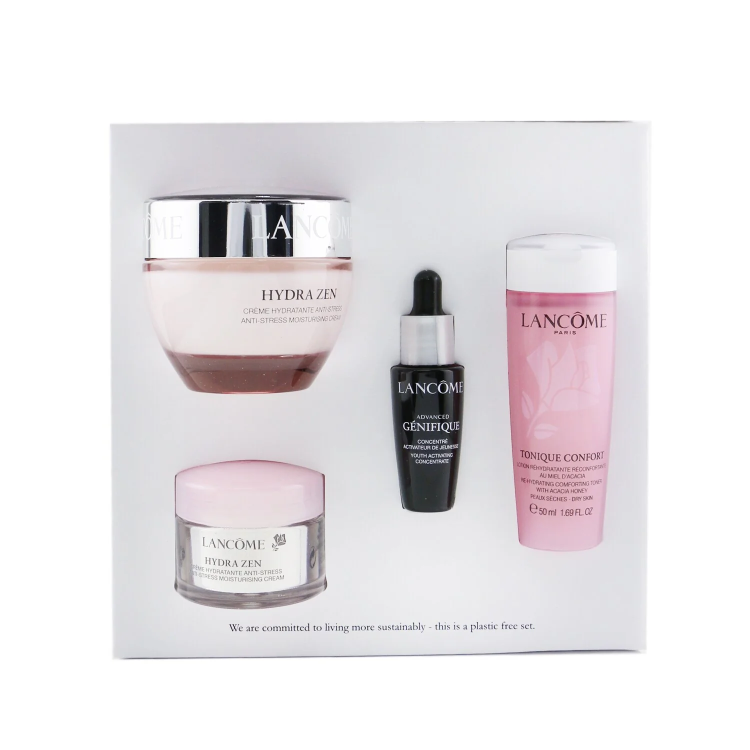 Lancome My Soothing Routine Set: Confort Tonique 50ml + Hydra Zen Anti-Stress Moisturizing Cream 15ml + Hydra Zen Anti-Stress Moisturizing Cream 50ml + Genifique Advanced Youth Activating Concentrate 10ml  4pcs - Olabens