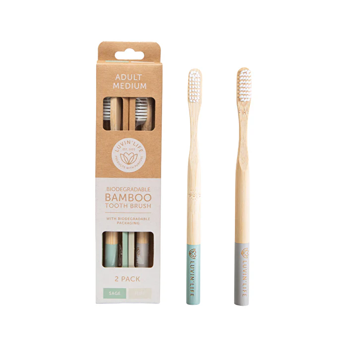 Luvin Life Luvin' Life Biodegradable Bamboo Toothbrush Adult Medium (2 Colour Pack) Sage & Mist x 2 Pack - Olabens