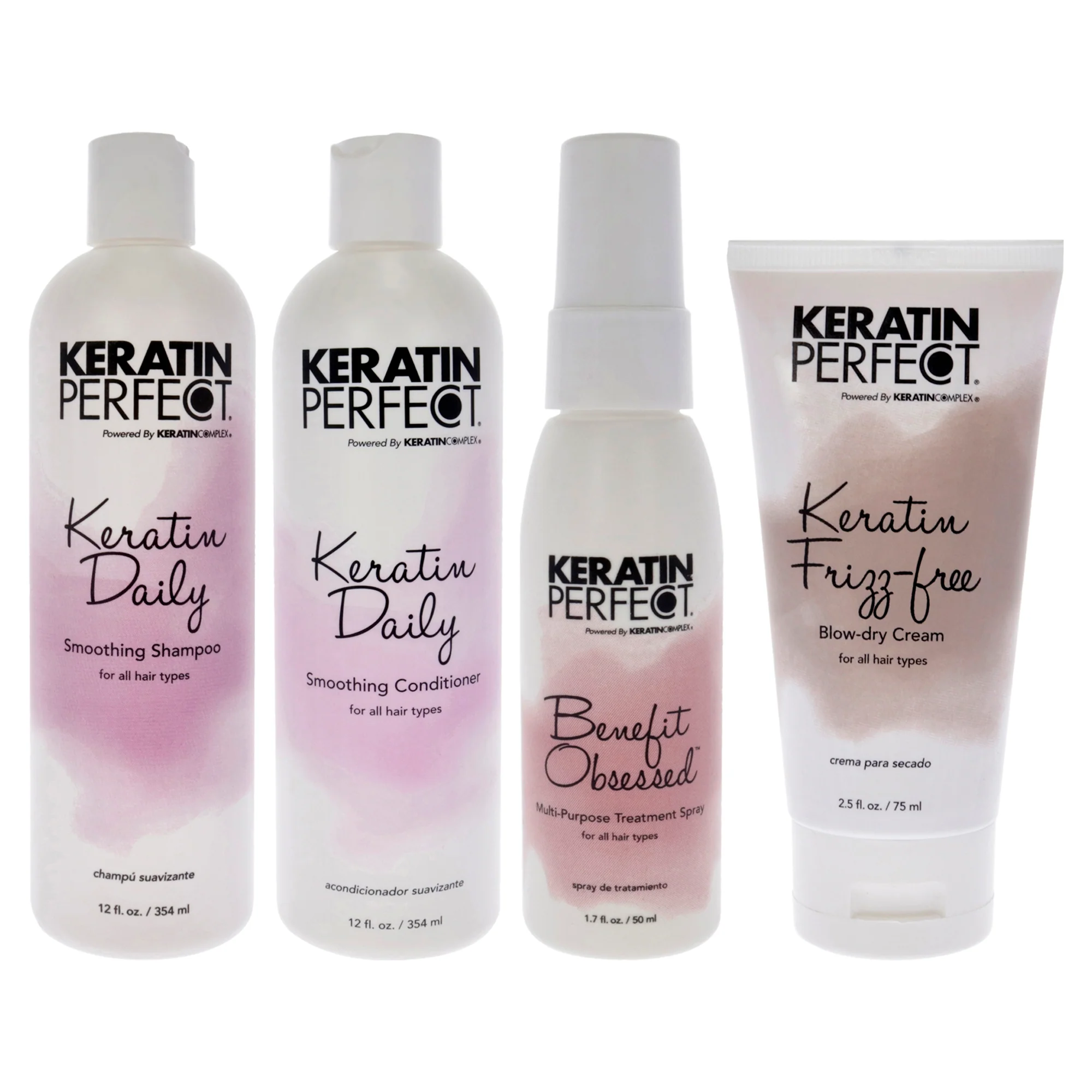 Keratin Daily Kit by Keratin Perfect for Unisex - 4 Pc Kit 12oz Shampoo, 12oz Conditioner, 2.5oz Frizz-Free Bow Dry Cream, 1.7oz Benefit Obsessed Treatment Spray - Olabens