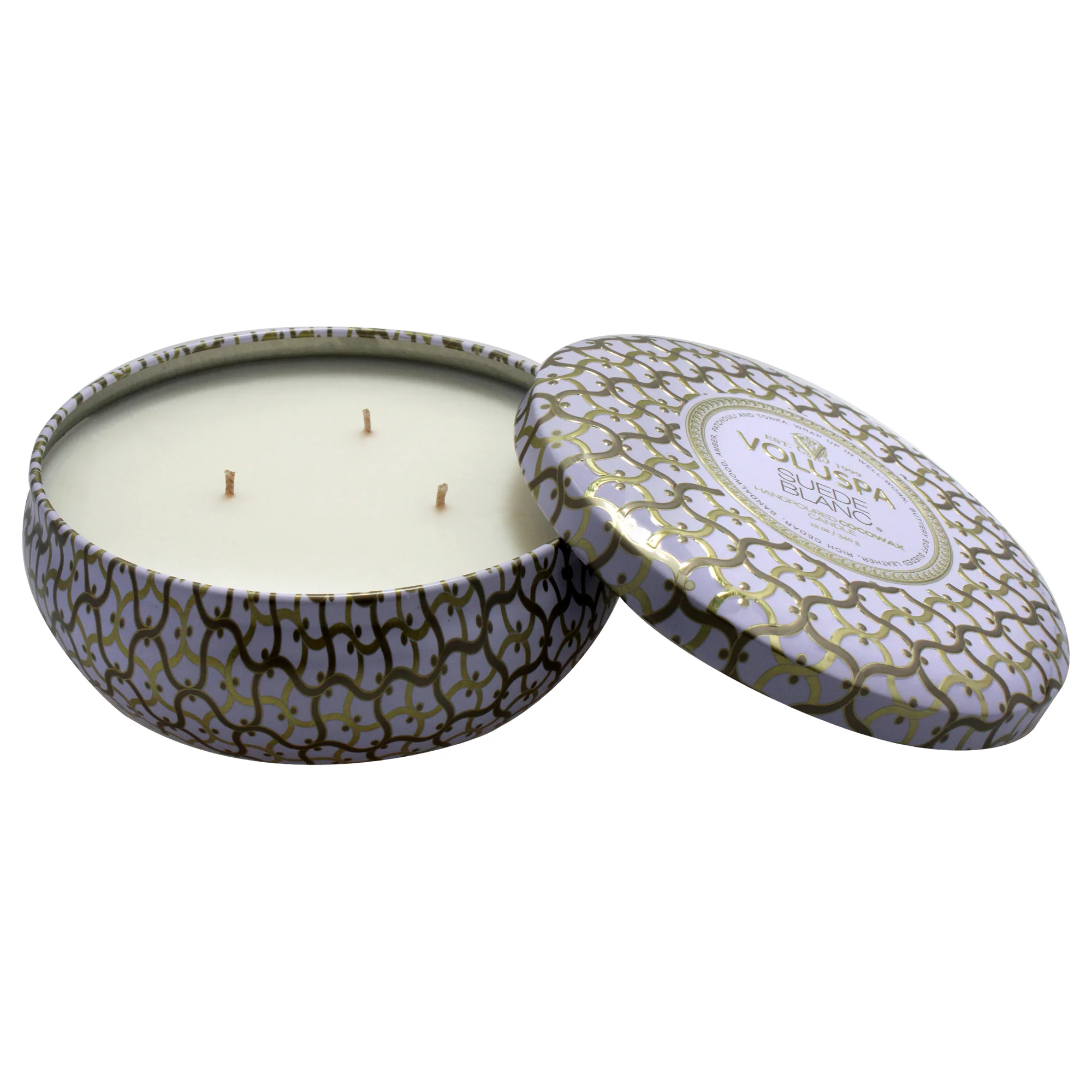 3 Wick Tin Candle - Suede Blanc by Voluspa for Unisex - 12 oz Candle - Olabens