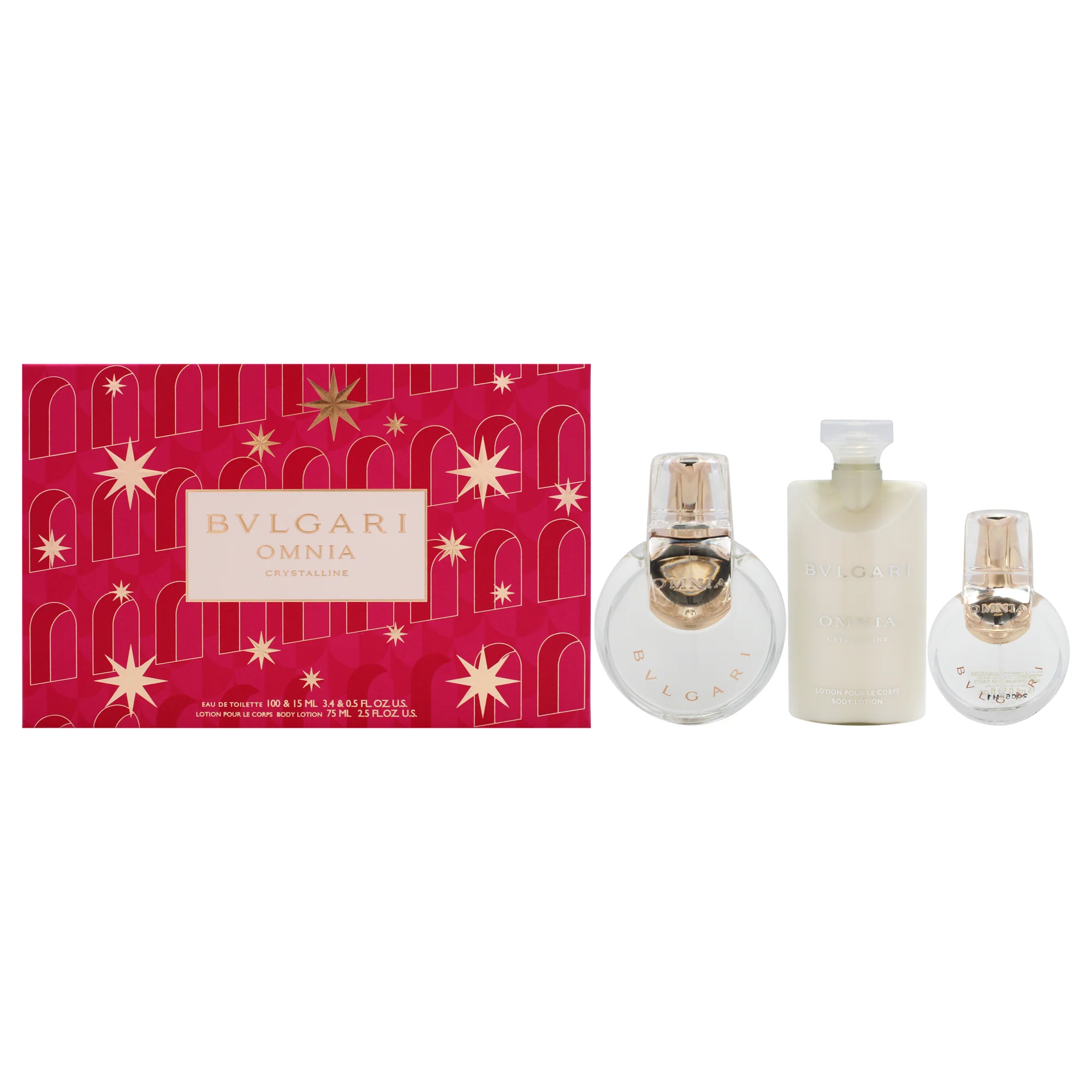 Omnia Crystalline by Bvlgari for Women - 3 Pc Gift Set 3.4oz EDT Spray, 0.5oz EDT Spray, 2.5oz Body Lotion - Olabens