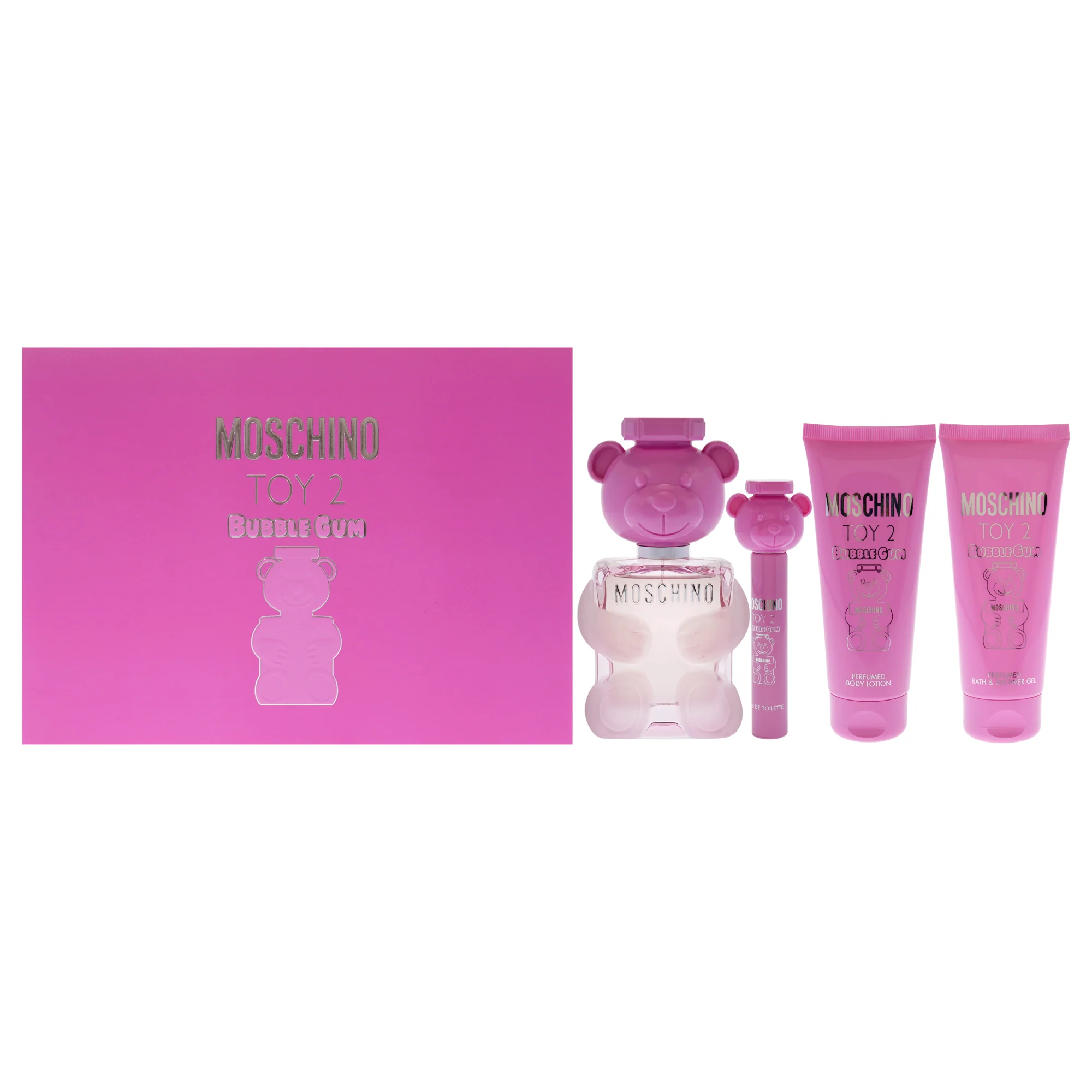 Moschino Moschino Toy 2 Bubble Gum by Moschino for Women - 4 Pc Gift Set 3.4oz EDT Spray, 0.3oz EDT Spray, 3.4oz Body Lotion, 3.4oz Bath and Shower Gel - Olabens