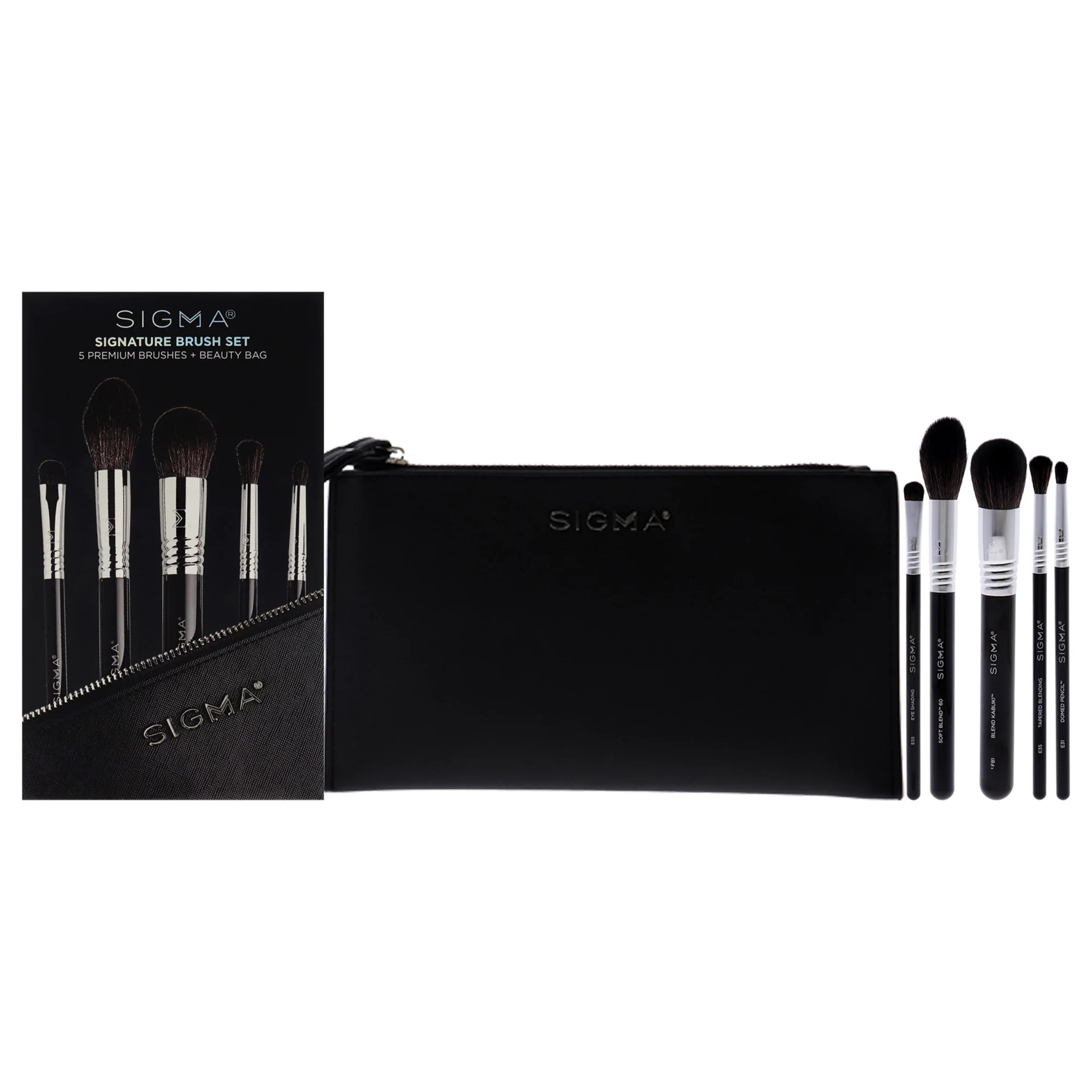 SIGMA Signature Brush Set by SIGMA for Women - 6 Pc Blend Kabuki Brush - F81, Soft Blend Brush - 60, Eye Shading Brush - E55, Tapered Blending Brush - E35, Domed Pencil Brush - E1, Beauty Bag - Olabens