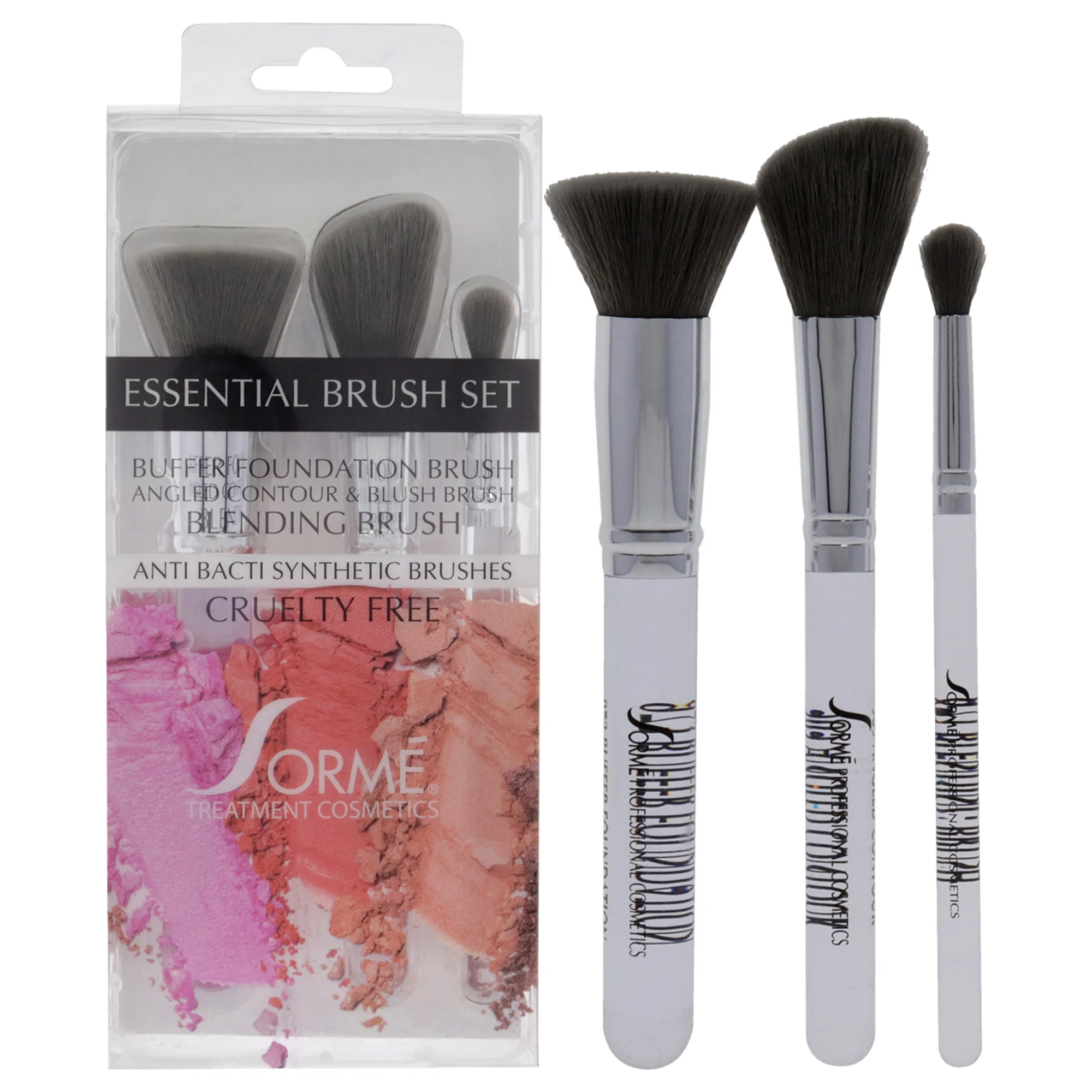 Professional Brush Set - Essential by Sorme Cosmetics for Women - 3 Pc Buffer Foundation Brush, Angled Contour and Blush Brush, Blending Brush - Olabens