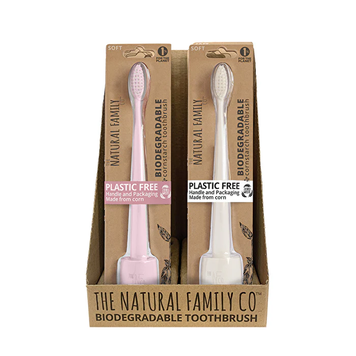 The Natural Family Co . Bio Toothbrush Pastel with Stand Mixed x 8 Display (contains: 5 Pastel Colours) - Olabens