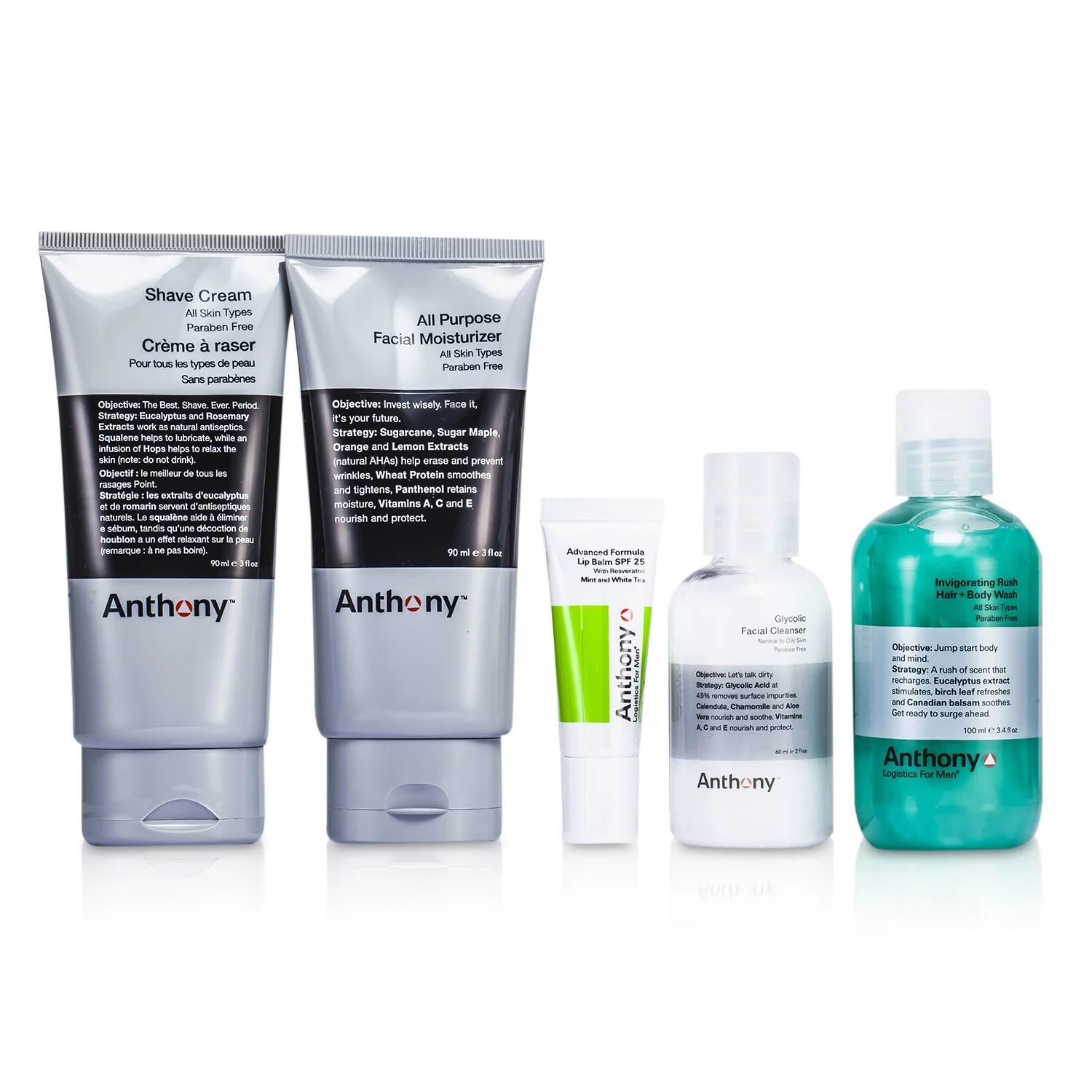 Anthony Logistics For Men The Essential Traveler Kit:  Cleanser + Mositurizer + Lip Blam + Shave Cream + Hair & Body Wash  5pcs - Olabens