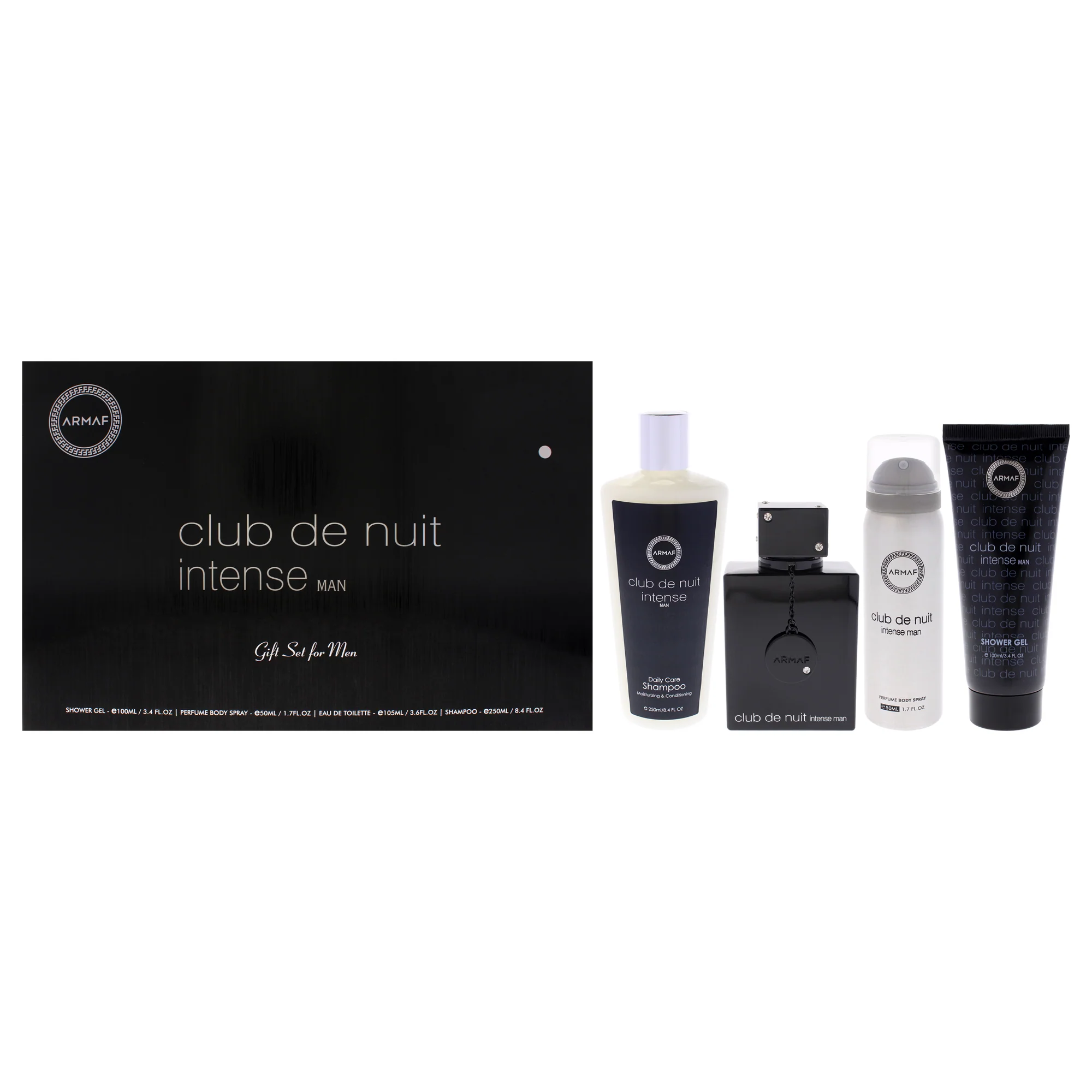 Armaf Club De Nuit Intense by Armaf for Men - 4 Pc Gift Set 3.6oz EDT Spray, 1.7oz Body Spray, 3.4oz Shower Gel, 8.4oz Shampoo - Olabens