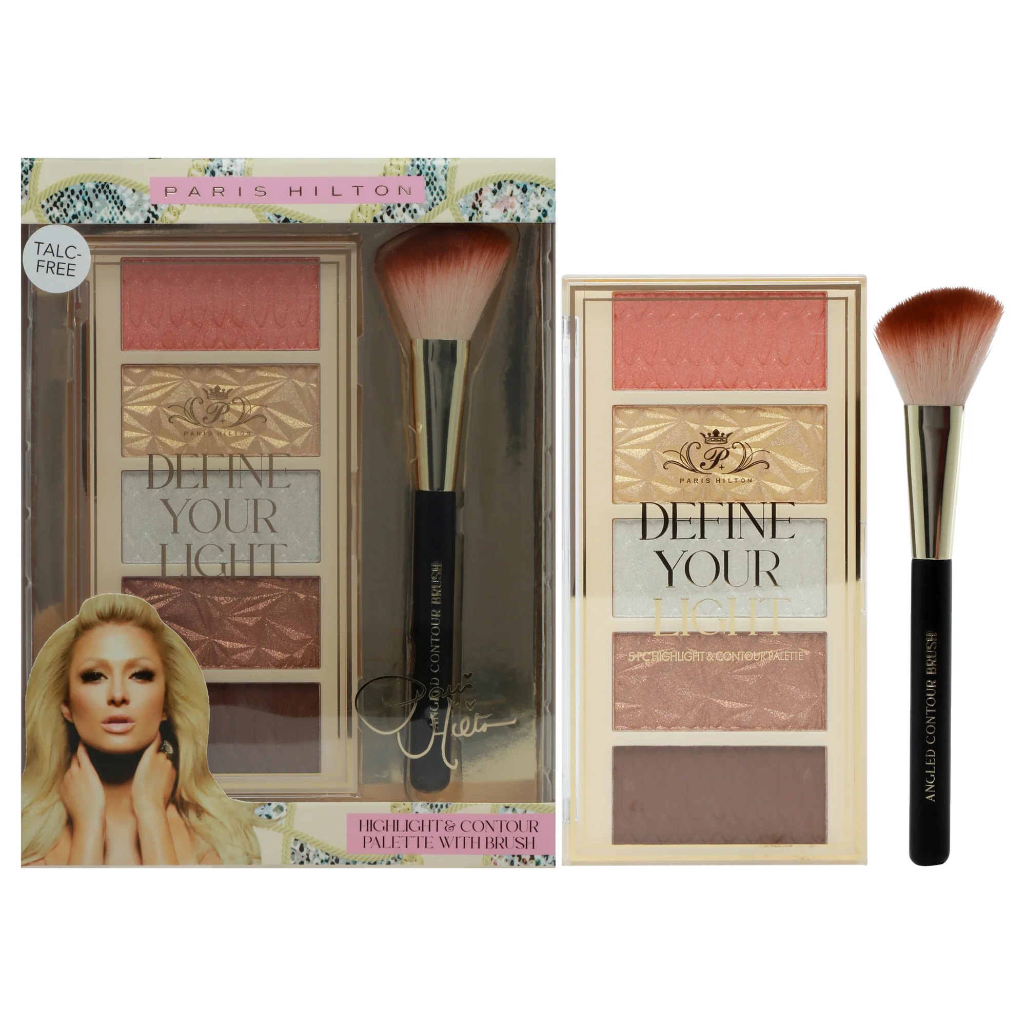 Define Your Light Set by Paris Hilton Cosmetics for Women - 6 Pc 2 x 0.17oz Highlighter, 0.17oz Bronzer, 0.17oz Contour, 0.17oz Blush, Angled Contour Brush - Olabens