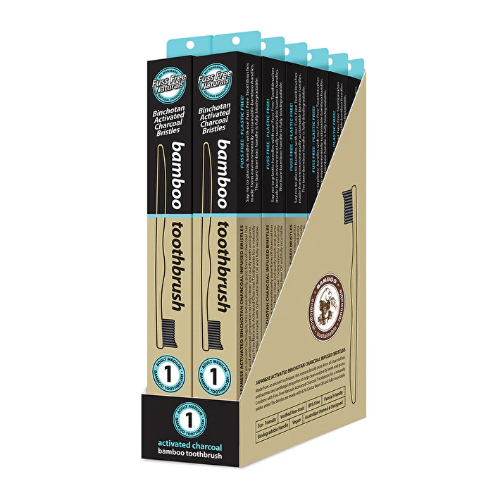 Essenzza Fuss Free Naturals Toothbrush Bamboo Activated Charcoal Medium x 12 Display 1 Pack - Olabens