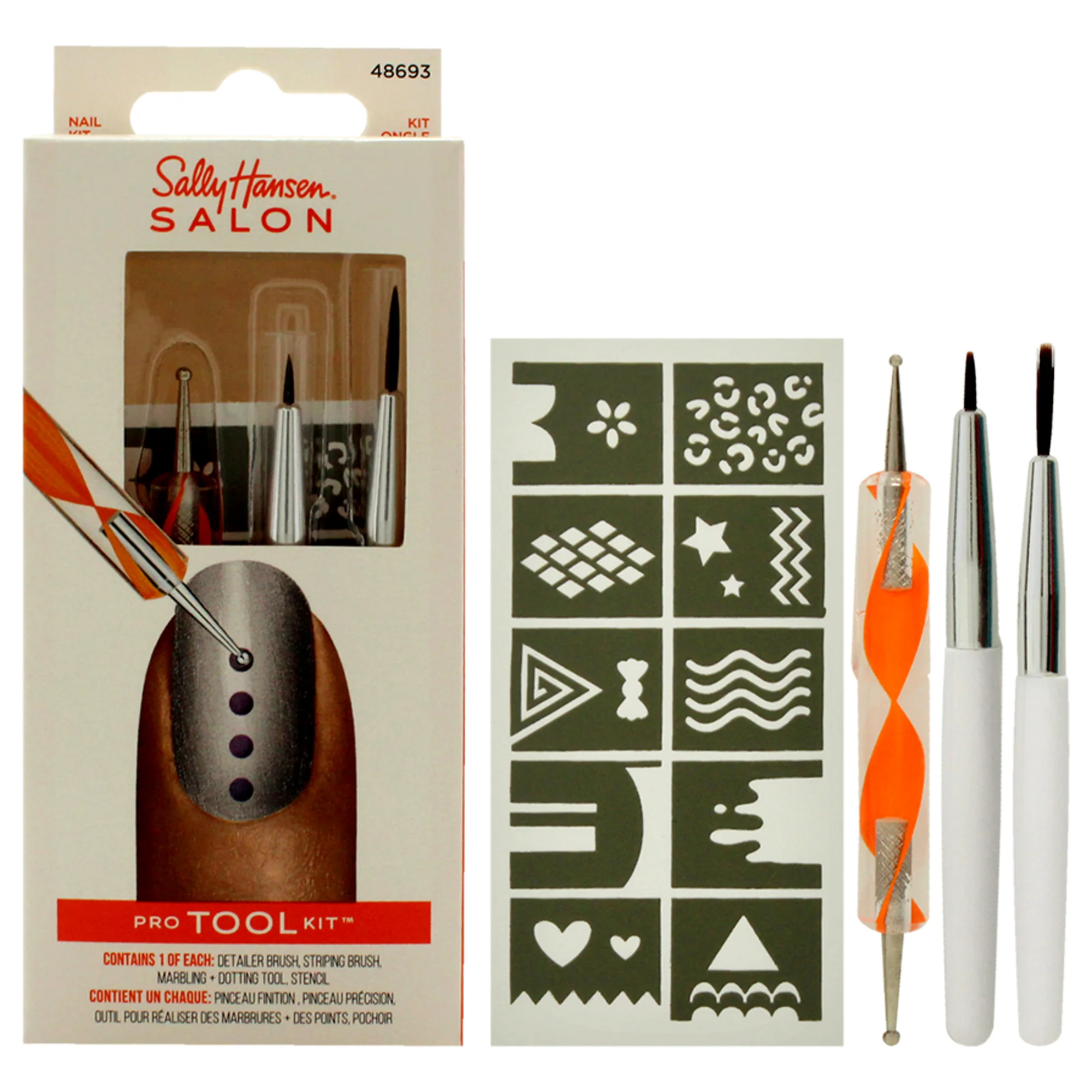 Salon Pro Tool Kit by Sally Hansen for Women - 3 Pc Marbling Plus Dotting Tool, Detailer Brush, Striping Brush - Olabens