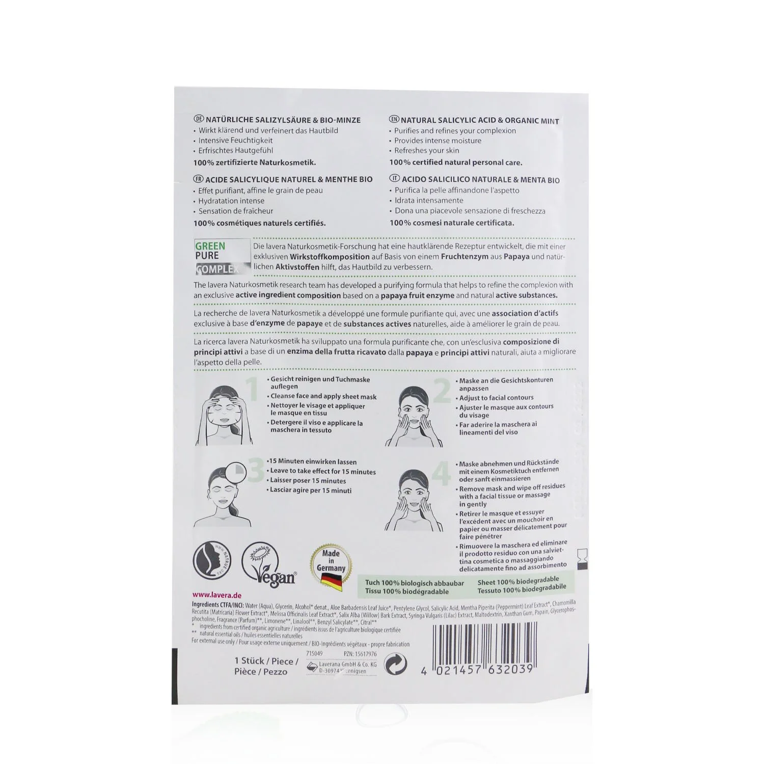 Lavera Sheet Mask - Purifying (With Natural Salicylic Acid & Organic Mint)  1sheet - Olabens